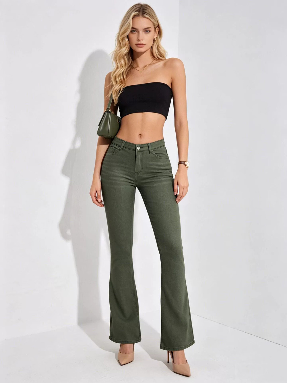ZARA High Stretch Army Green Bootcut Jeans Retro High Waist Butt Lift Stock